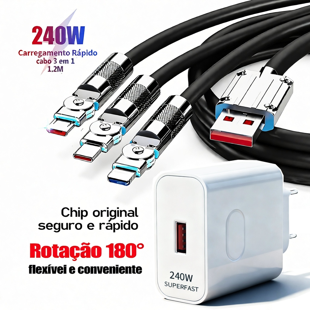 Kit Carregador GaN 240W + Cabo 3em1 USB-C/Lightning/USB, Carregamento Turbo, Compatível iPhone/Samsung/Xiaomi/Moto/Vivo