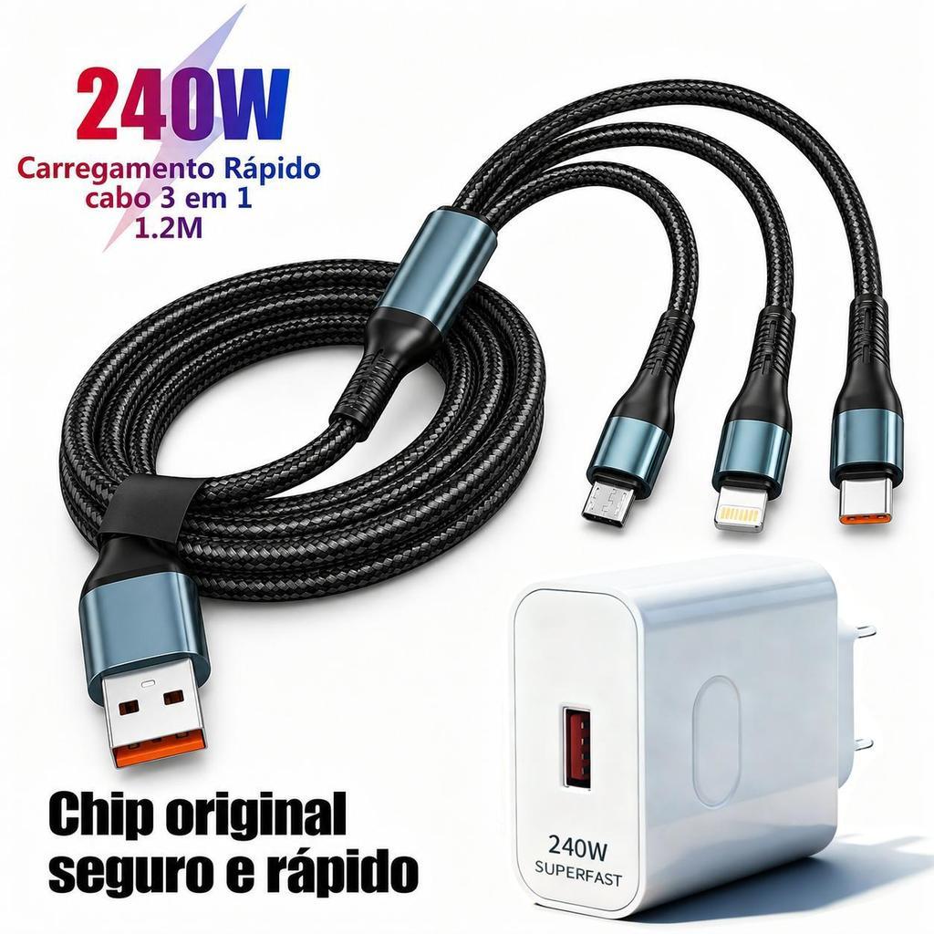 Kit Carregador 240W Carga Super Rápida Branco + Cabo 3 em 1 1,2m USB Tipo C Micro Lightning Compatível iPhone Android