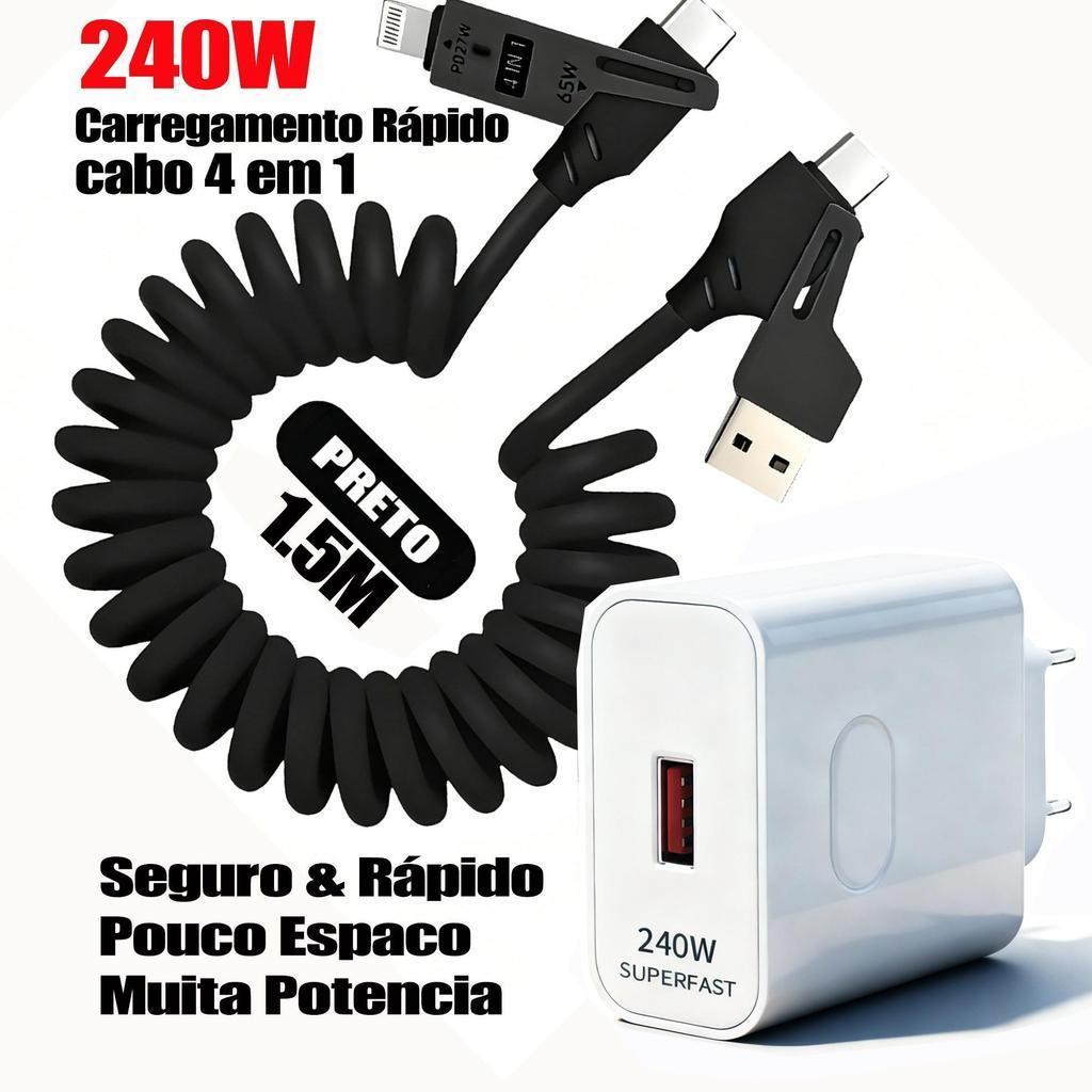 Kit Carregador Branco 240W Carga Rápida Cabo 3 em 1 1,2m Tipo C Micro Lightning iPhone Android