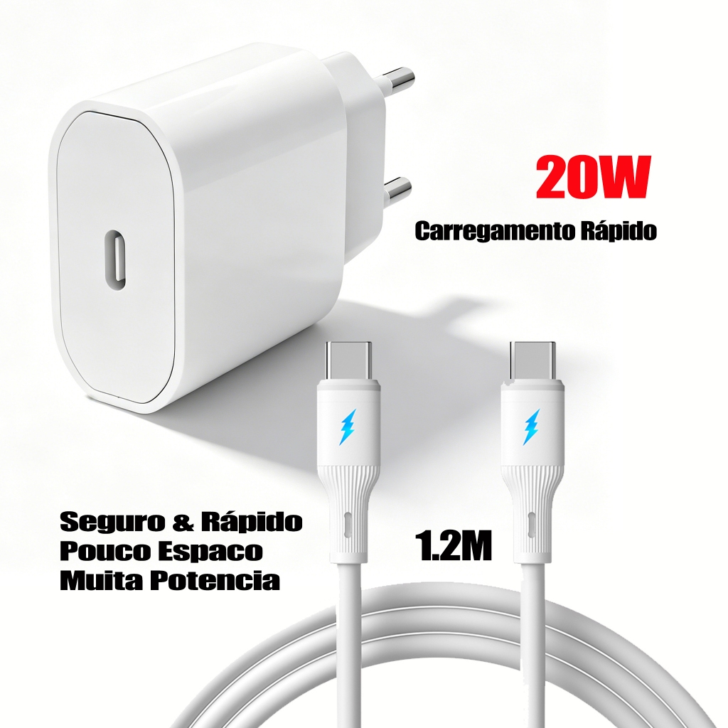 Kit Fonte GaN 20W Tipo-C + Cabo Tipo-C x Tipo-C Silicone 1.2m | Carregamento Rápido Universal