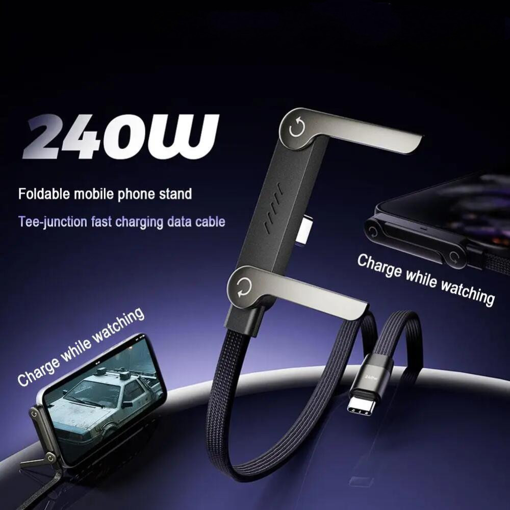 240W Foldable Phone Holder Type C Charging Cable 2 in 1 Braided Fast Charge Gaming Data Cord For Samsung iPhone Redmi