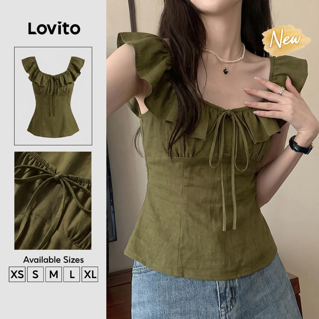 (New Arrival) Lovito Casual Short Sleeve U Neck Lace up Ruffle Pleated Spring Summer Weekend Green Top for Women TKK10P1D993
