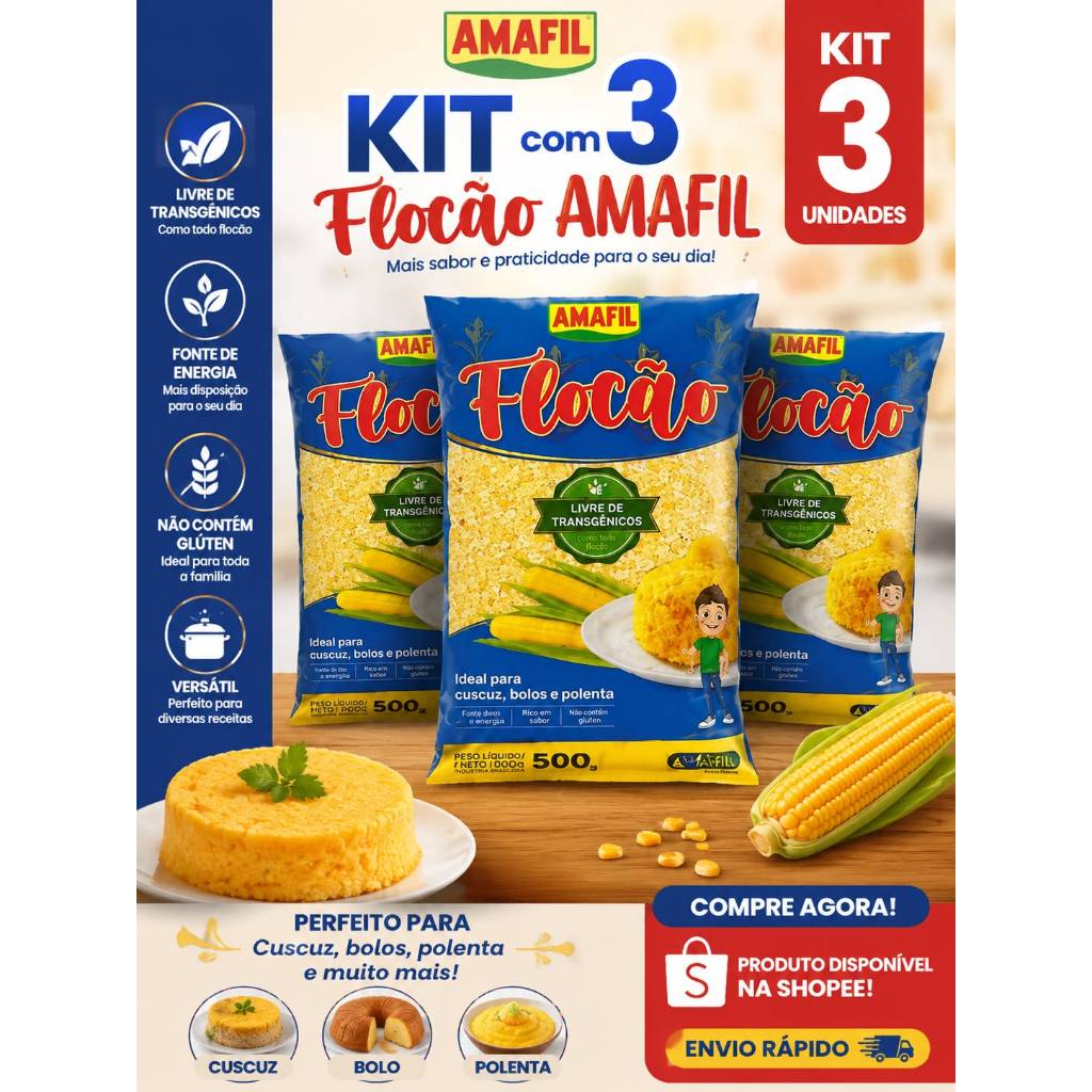 🌽✨ KIT PROMOCIONAL COM 3 FLOCÃO AMAFIL 500g ✨🌽