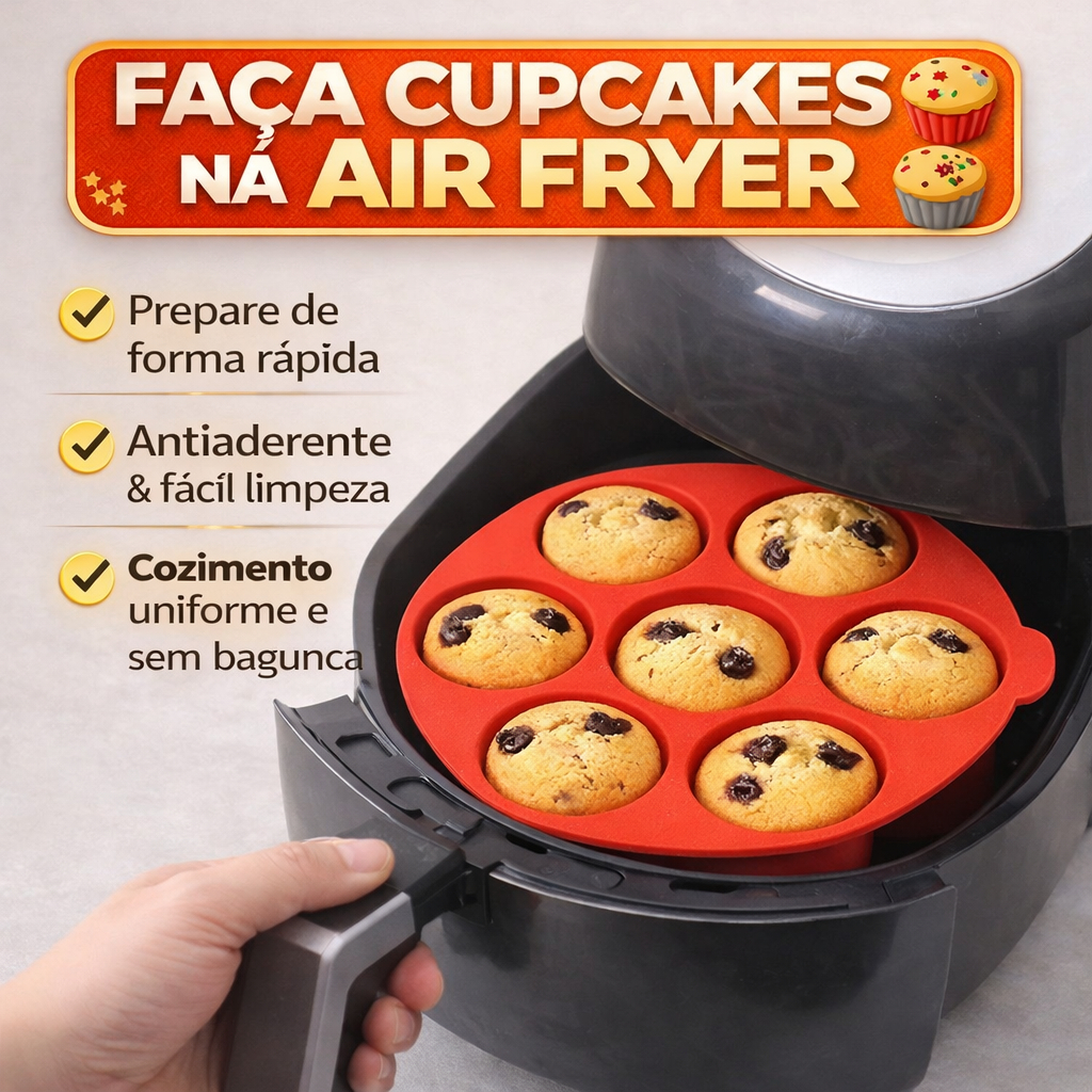 Forma Cupcake Silicone Air Fryer 7 Cavidades Antiaderente Reutilizável Fácil Limpeza Assar