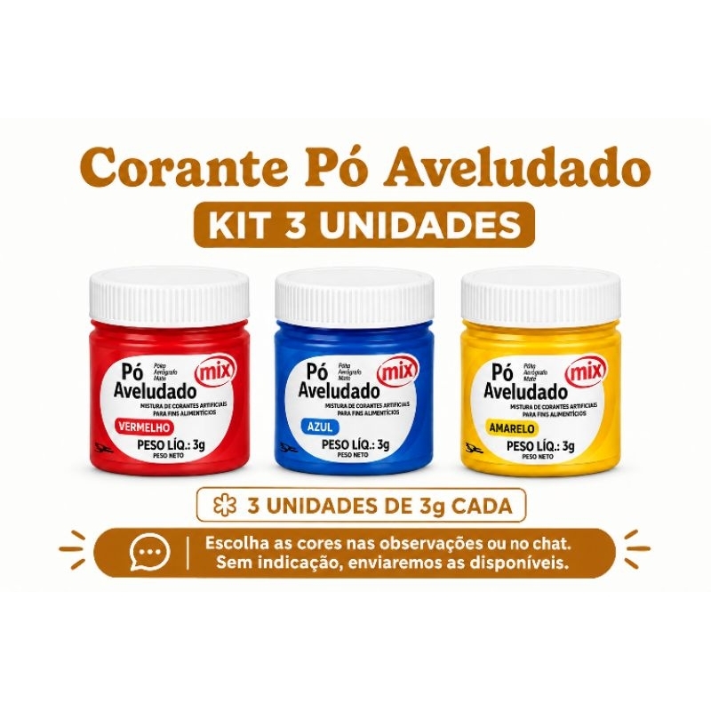 Kit 3 Corantes em Pó Aveludado Mix 3g Alimentício| Escolha Suas Cores|Bolo-Confeitaria-Chantilly