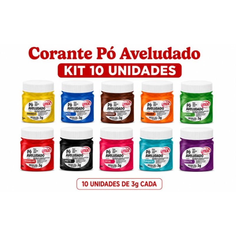 Kit 10 Corantes em Pó Aveludado Mix 3g Alimentício| Escolha Suas Cores|Bolo-Confeitaria-Chantilly