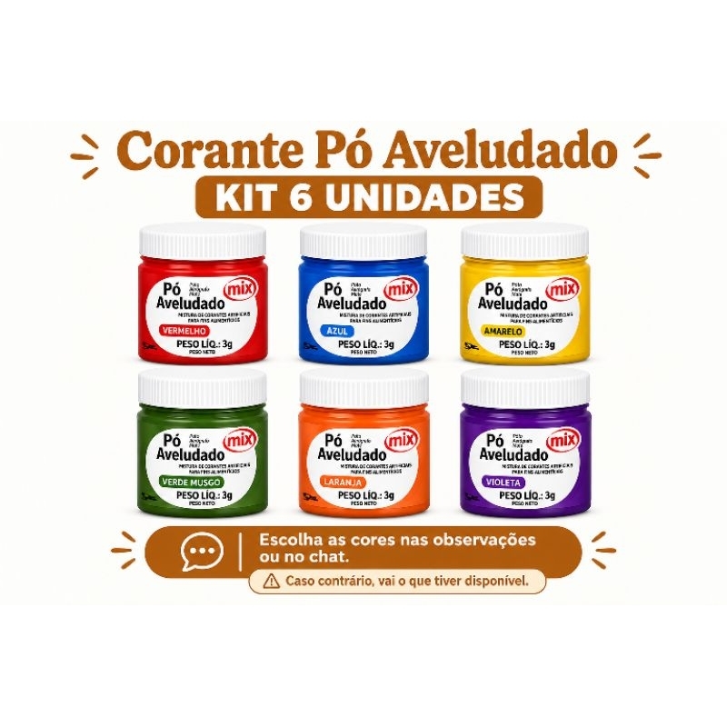 Kit 6 Corantes em Pó Aveludado Mix 3g Alimentício| Escolha Suas Cores|Bolo-Confeitaria-Chantilly