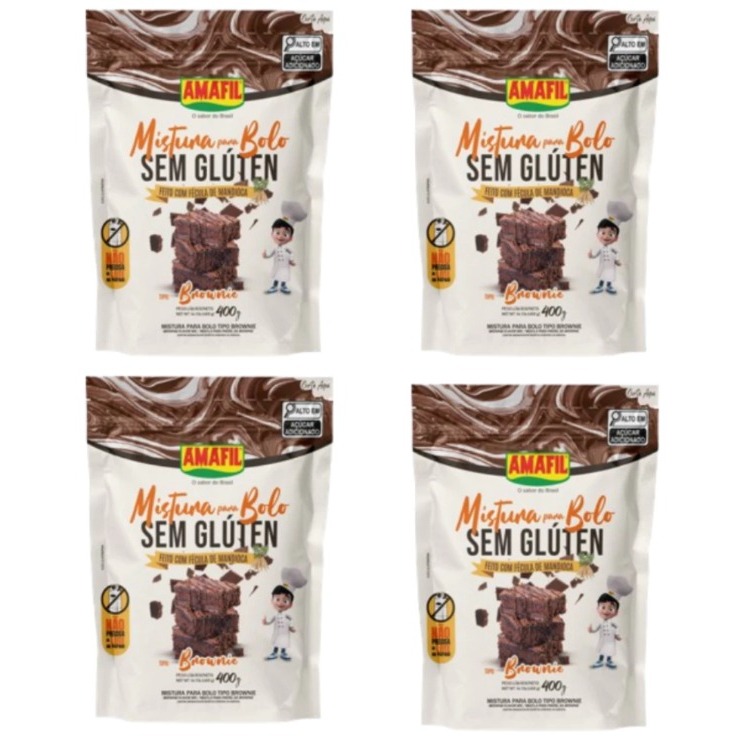 MISTURA PARA BOLO BROWNIE SEM GLÚTEN AMAFIL 400g- KIT COM 4 UNIDADES
