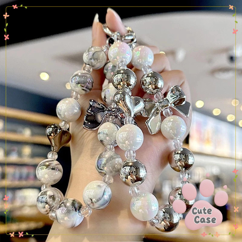 Luxuoso Estilo Coreano Pérola Amor Prata Arco Pulseira Cordão Adequado Para Todas As Capas De Telefone
