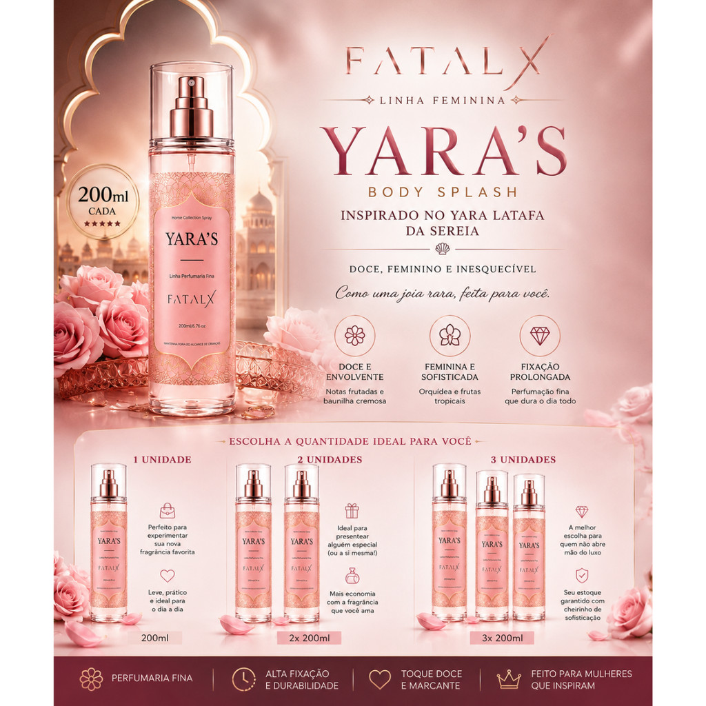 Perfume Body Splash KIT 1 2 3 YARA'S Árabe FATALX Feminino 200ml - Corporal Refrescante Sensual