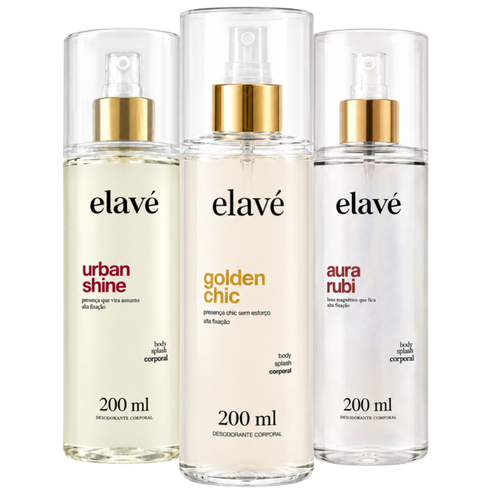 Kit Elavé Body Splash Feminino Urban Shine | Aura Rubi | Golden Chic 200ml - Inspirado 212 VIP | Baccarat | J'Adore
