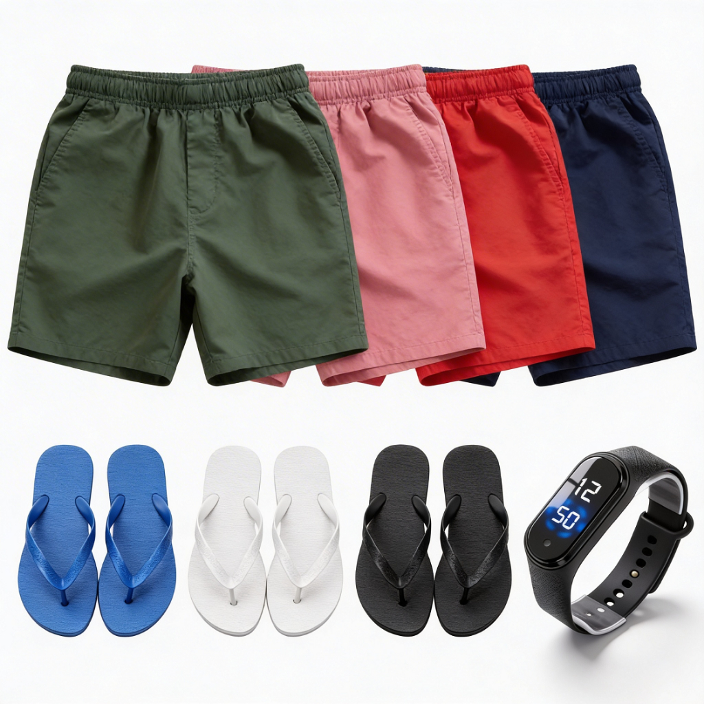 Short Tactel + Chinelo + Smartband Kit Verão Promoção – Conjunto Casual Praia Festa