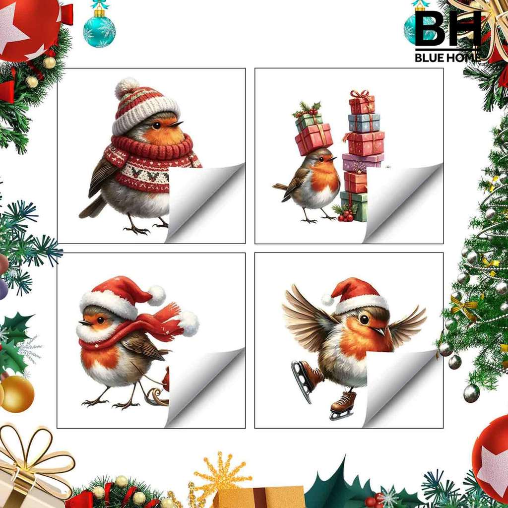 Adesivo Estático Para Janela De Natal Bluehome , Decalque Decorativo Reutilizável De Redbreast , PVC Festivo Férias Port