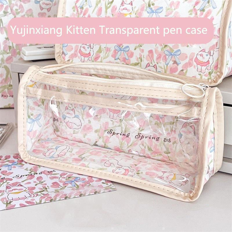 Estojo de Lápis Transparente Decorativo com Estampa de Gatinho e Tulipa Rosa, Grande Capacidade, Bolsa de Maquiagem Port