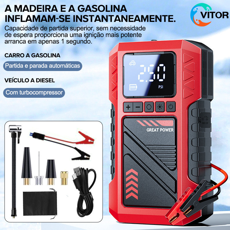Compressor de Ar 150 PSI Digital para Veículos – Com Partida Auxiliar 12V, USB e Luz LED, Fácil de Usar e Transportar
