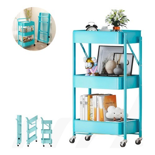 Organizador Multiuso Dobrável 3 Prateleiras Metal Azul com Rodinhas