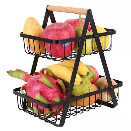 Fruteira Organizador Metal Duplo Com Alça Madeira Multiuso Cozinha Sala