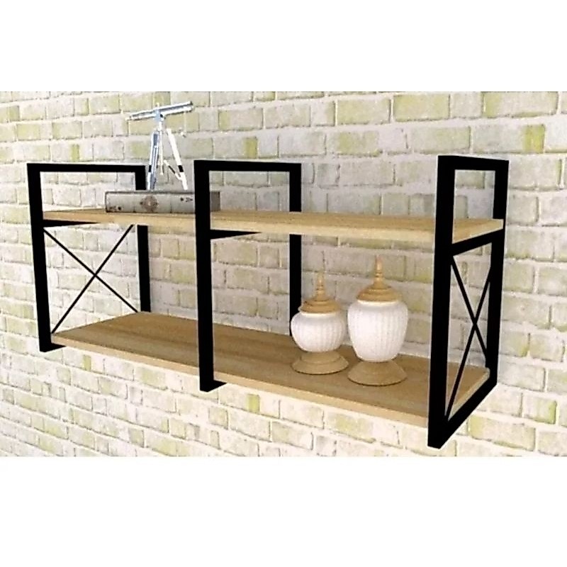 Suporte Duplo Prateleira Industrial 118x55x40cm Metal e Madeira Cozinha Sala Quarto Prateleira Moderna