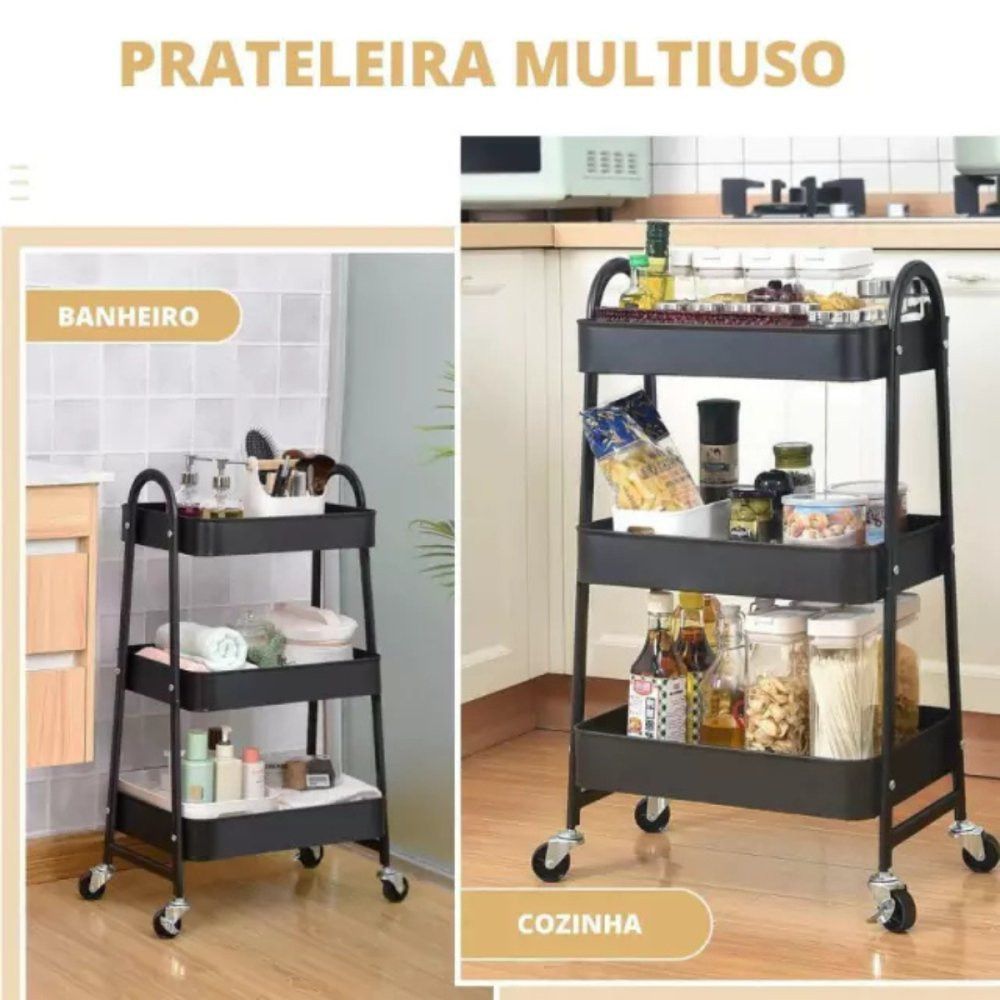 🏠Prateleira de Metal Multiuso 3 Andares Com Rodinhas - Preto
