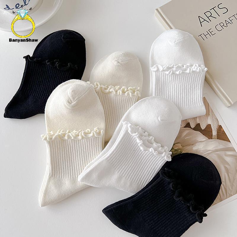 [BANY] Algodão Babados Tornozelo Sos Mulheres INS Verão Bonito Kawaii Coreano Então Menina Primavera Branco Tubo Médio J