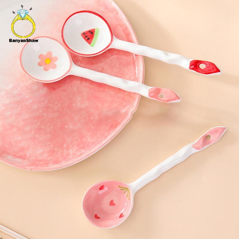 [BANY] Colher De Sopa De Cerâmica De Frutas Kawaii , Sorvete Fofo , Pintado À Mão , Sobremesa De Café , Cabo Longo , Ace