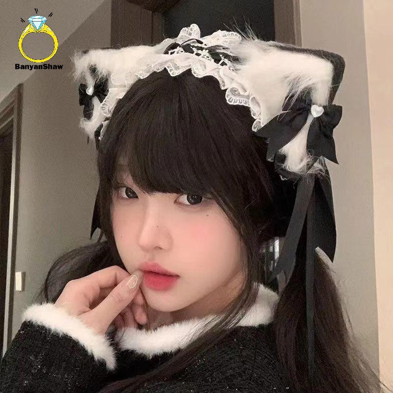 [BANY] 3 Pçs/Set Mulheres Y2K Menina Artesanal Arco Renda Hairband Orelha De Gato Grampo De Cabelo Kawaii Lolita Cosplay