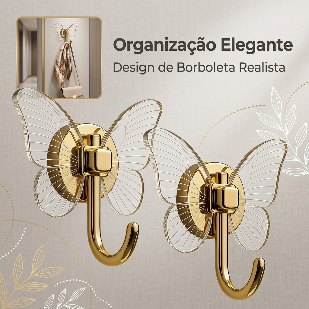Kit 2 Butterfly Hooks, Self Adhesive Decorative Wall Hanging Heavy Duty Waterproof Towel Bathroom Kitchen Keys Home