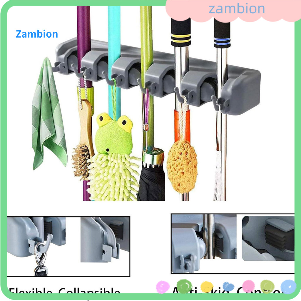 Mop Clip Holder Wall-mounted Broom Stand Wall Mounted and with 5 Slots 6 Hooks Heavy Duty Strong Load-bearing Brush Orga