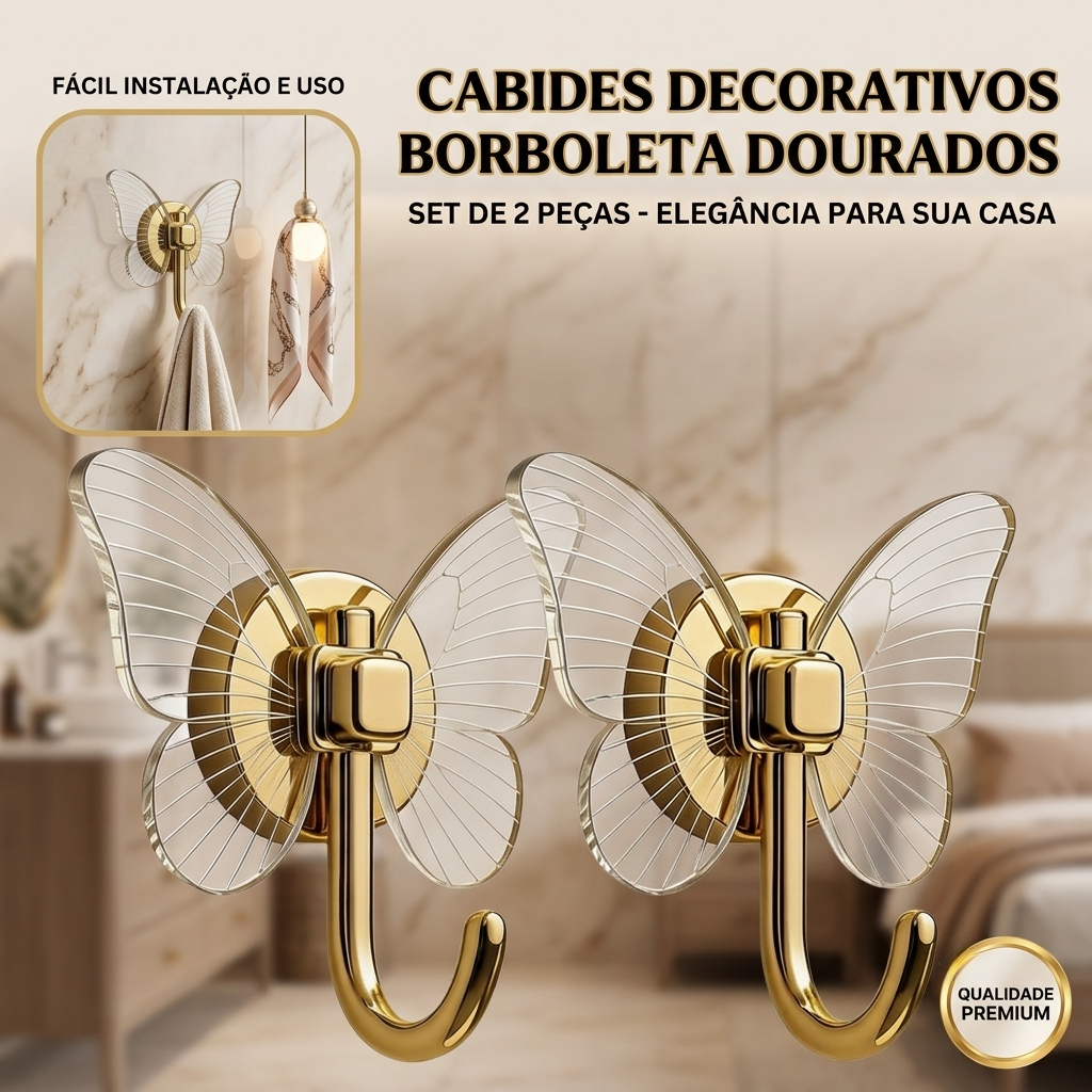 Kit 2 Butterfly Hooks, Self Adhesive Decorative Wall Hanging Heavy Duty Waterproof Towel Bathroom Kitchen