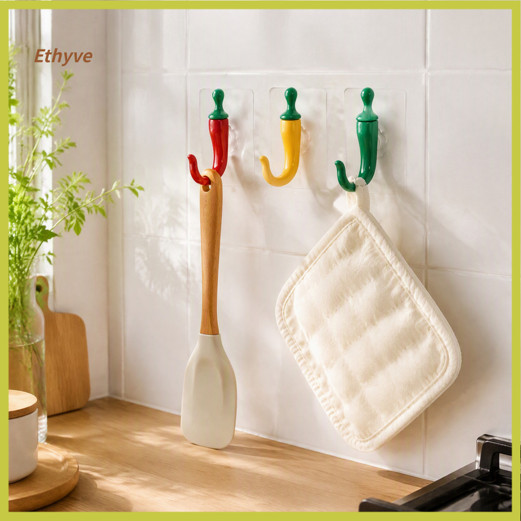 No Drilling Wall Hangers Adhesive Hooks 2pcs Heavy Duty Chili Shape – Cute Punch-free for Kitchen Bathroom Entryway St
