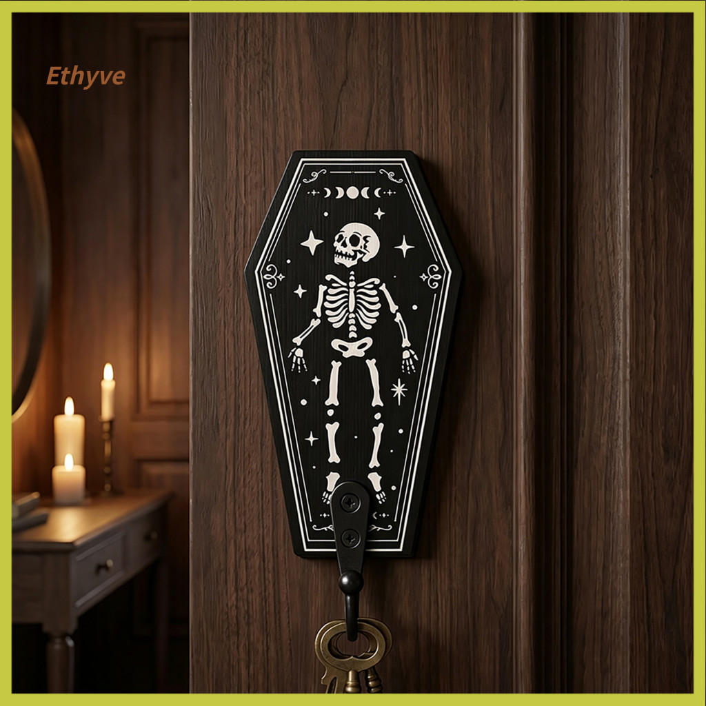Wall Hook Entrance Hall Storage Halloween Wooden with Moon Star Skeleton Design – Heavy Duty Retro Key Coat Hanger for