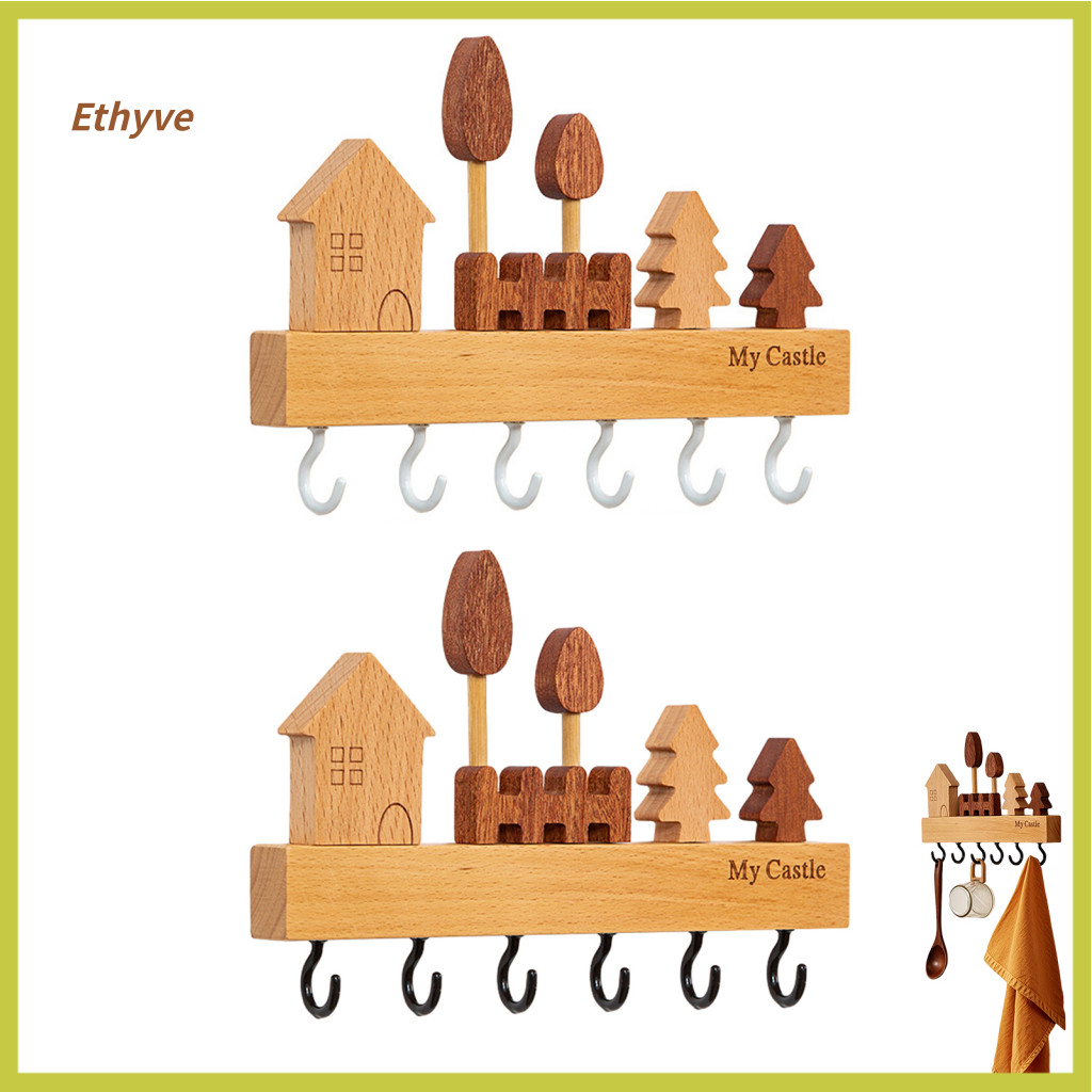 Wall Mounted Key Holder Heavy Duty Hook Wooden Wall-mounted with 6 Metal Hooks – Dual Installation Organizer for Entry