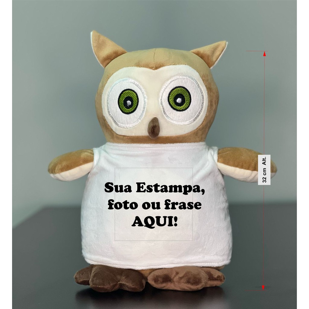 Coruja de Pelúcia personalizada com frase, foto ou sua logo 32 cm de altura com estampas sublimadas