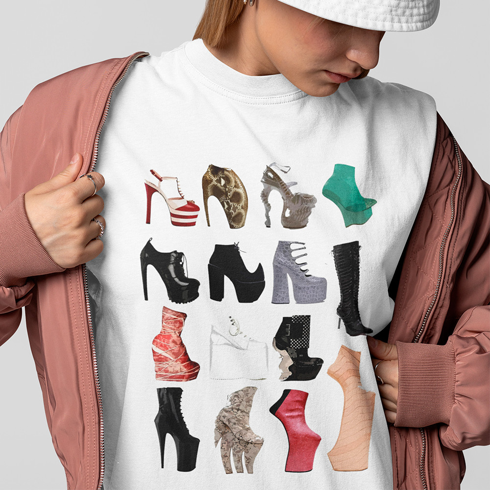 [Camiseta Premium em Algodão Puro]SISI Lady Gaga Coleção De Sapatos Show World Tour Pop Algodao
