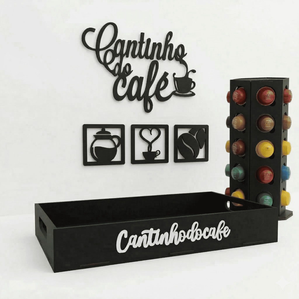 Jogo Decorativo Cantinho do Café Preto MDF com Bandeja e Torre de Cápsulas