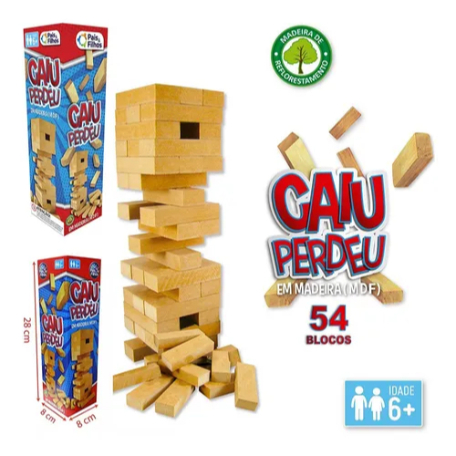 Jogo Torre Caiu Perdeu 54 Peças Madeira MDF Brinquedo Educativo Infantil Equilíbrio Coordenação