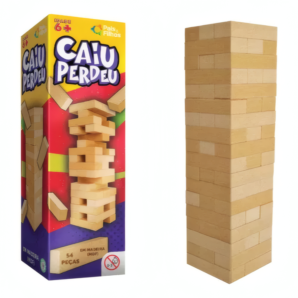 Jogo Torre de Blocos MDF 54 Peças Infantil Educativo de Equilíbrio Raciocínio Coordenação e Diversão em Família