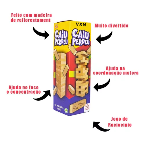Jogo De Tabuleiro Caiu Perdeu Torre De Madeira MDF 54 Pecas Brinquedo Pedagogico Estrategia E Coordenacao Motora