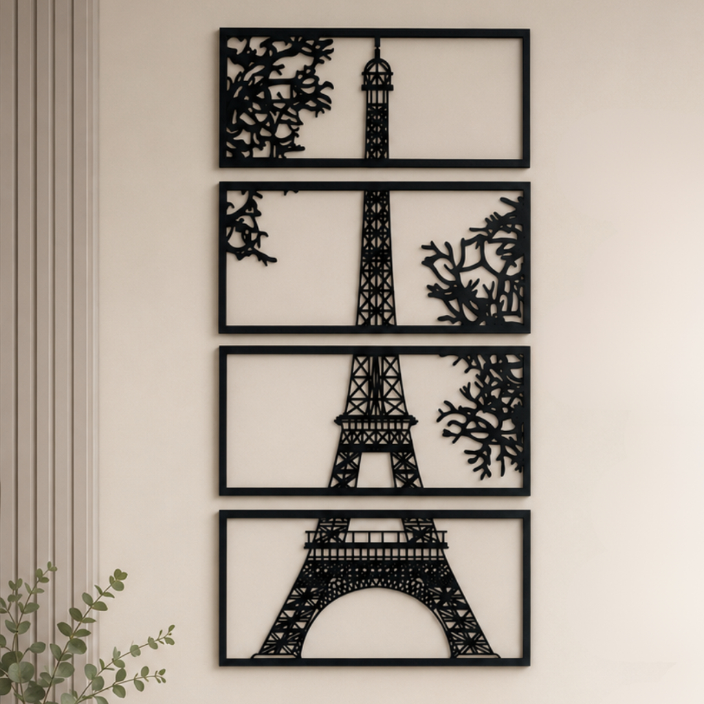 Kit 4 Quadros Decorativos Torre Eiffel MDF Vazado Preto Fosco 60x40cm Decoração Parede Sala