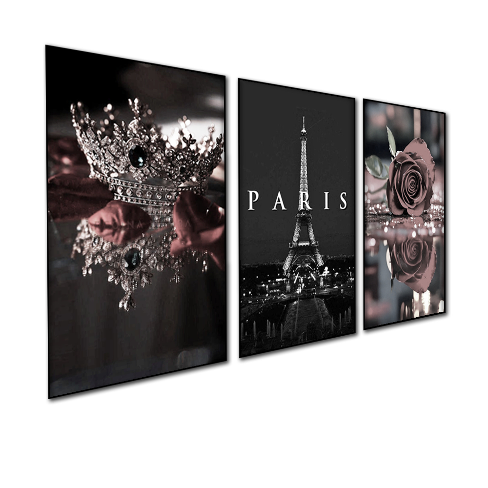 QUADRO DECORATIVO 3 PEÇAS PARIS TORRE EIFELL COROA DARK FLORES ROSA DECORAÇÃO PLACA MDF 4K FULL HD
