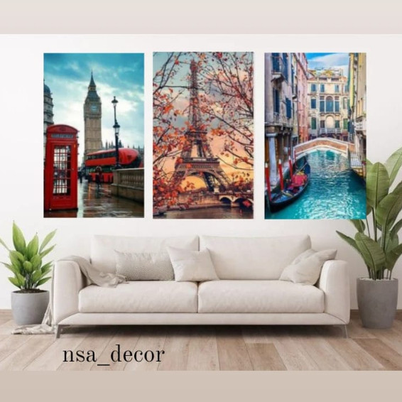 Quadro decorativo 3 peças 40x60 Abstrato Torre Eiffel Veneza decoração mdf para casa sala quarto hall interiores md125