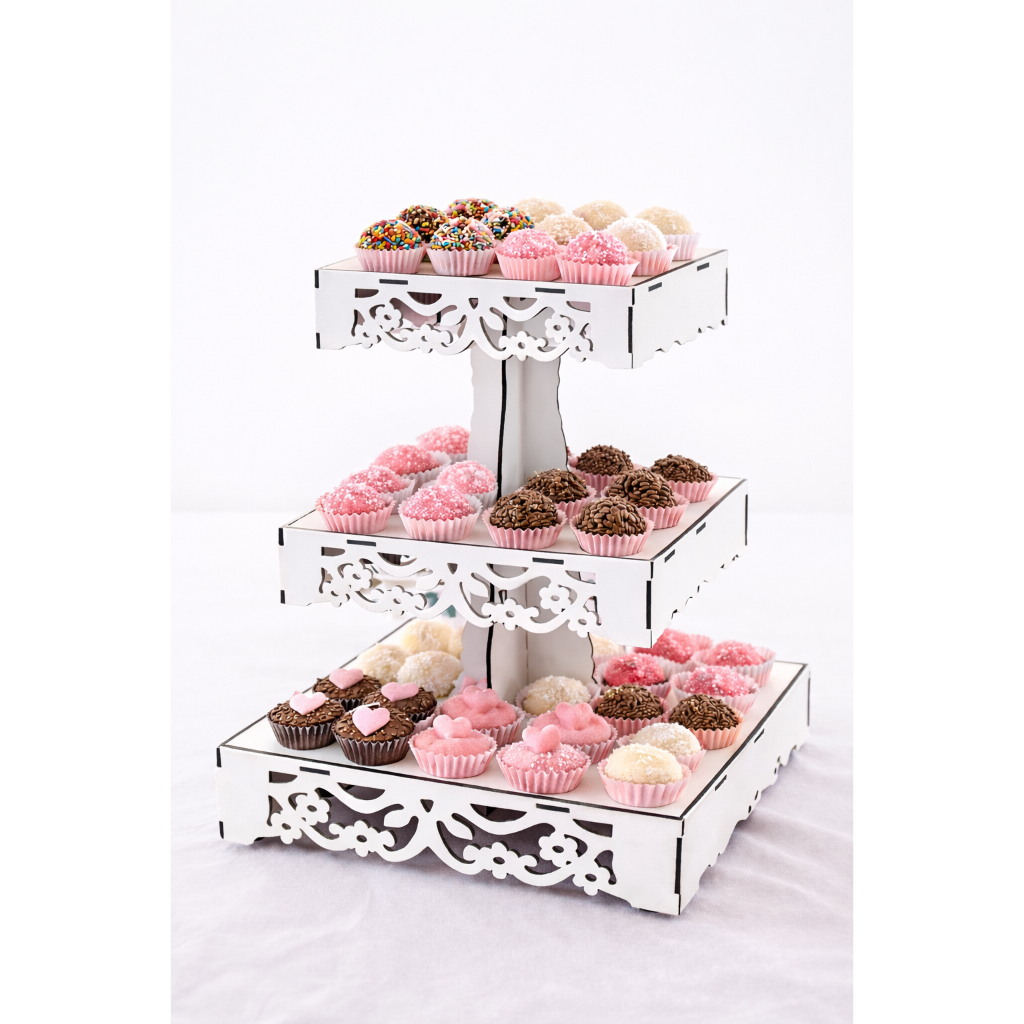 Suporte Torre Porta Doces de 3 andares em MDF 3mm/ Decoração para aniversário Porta brigadeiro cupcakes Bandeja de doce