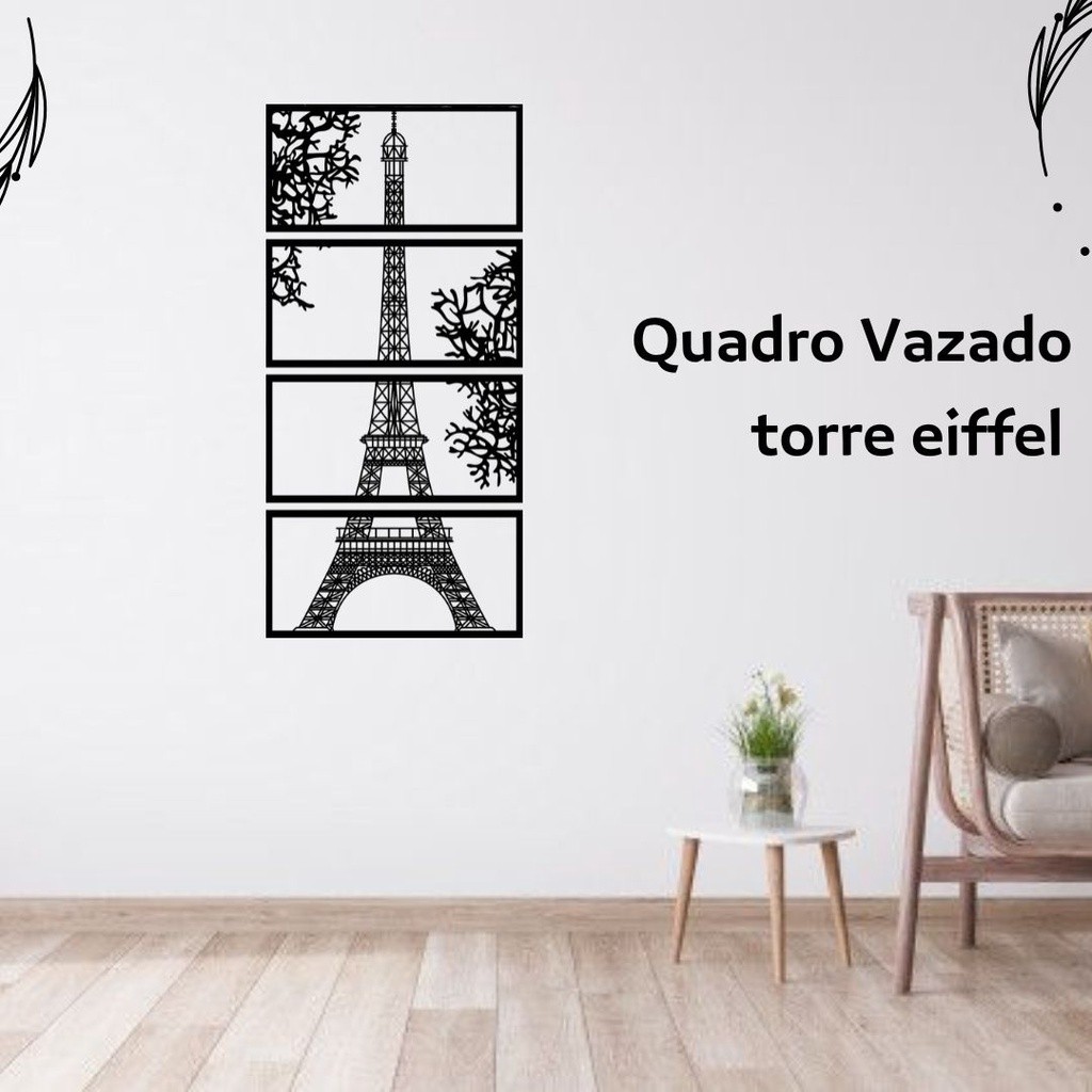 Quadro Vazado Painel Torre Eiffel - 4 Peças - decoração sala quarto escritorio paris -  MDF 3mm Preto.