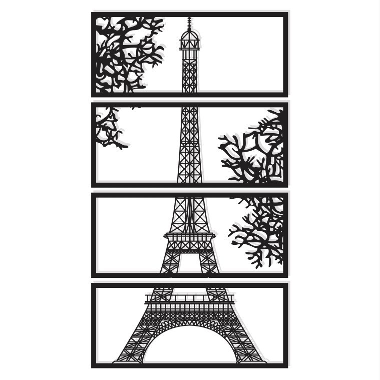 Kit 4 Quadros Decorativos Vazados Torre Eiffel Paris para Casa e Escritório em MDF Premium 3mm
