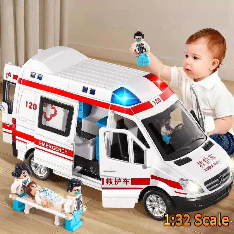 1 : 32 Mercedes Benz Ambulância 120 Liga De Metal Brinquedo Modelo Carro Menino Crianças Analógico Som Efeito Luz Presen