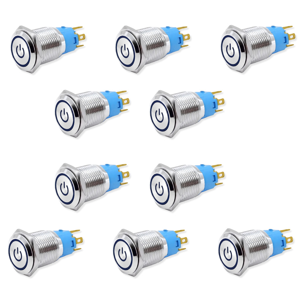 Kit 10 Botão Liga Desliga Inox LED Azul Para Farol Auxiliar Guincho Som Automotivo Painel 12V 24V