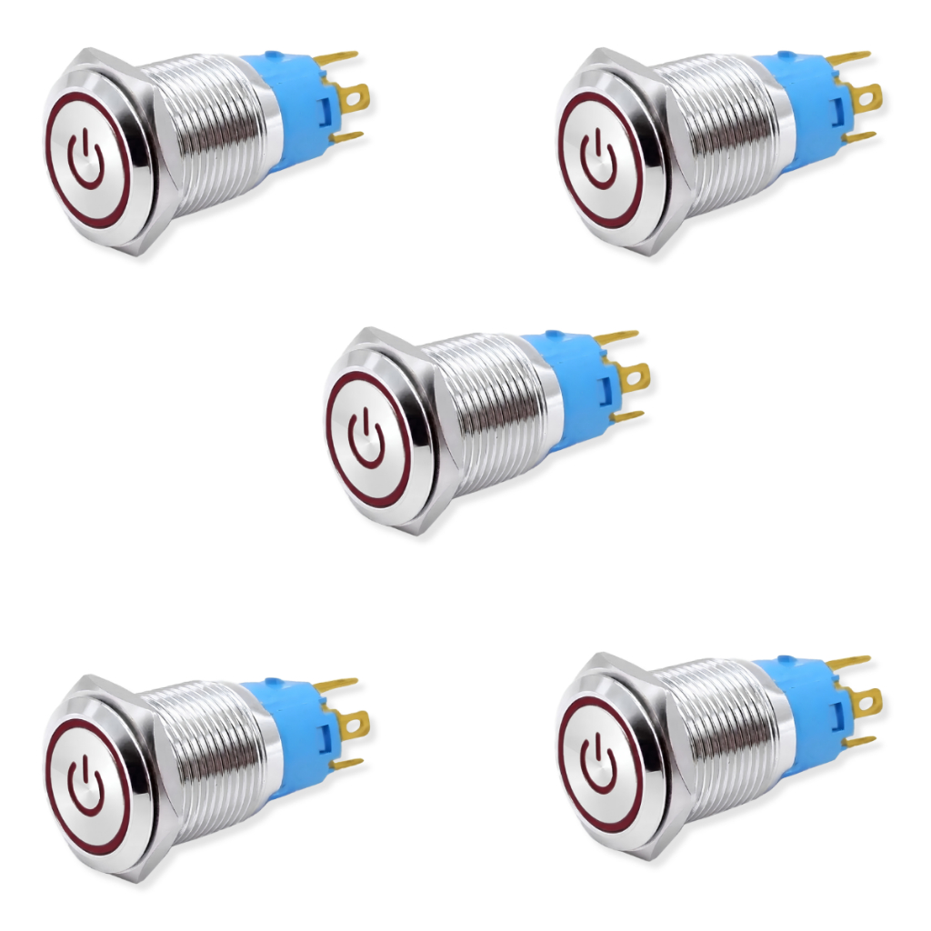 Kit 05 Chave Liga Desliga Inox LED Amarelo Para Fonte Usina Módulo Som Automotivo Painel Caixa Bob