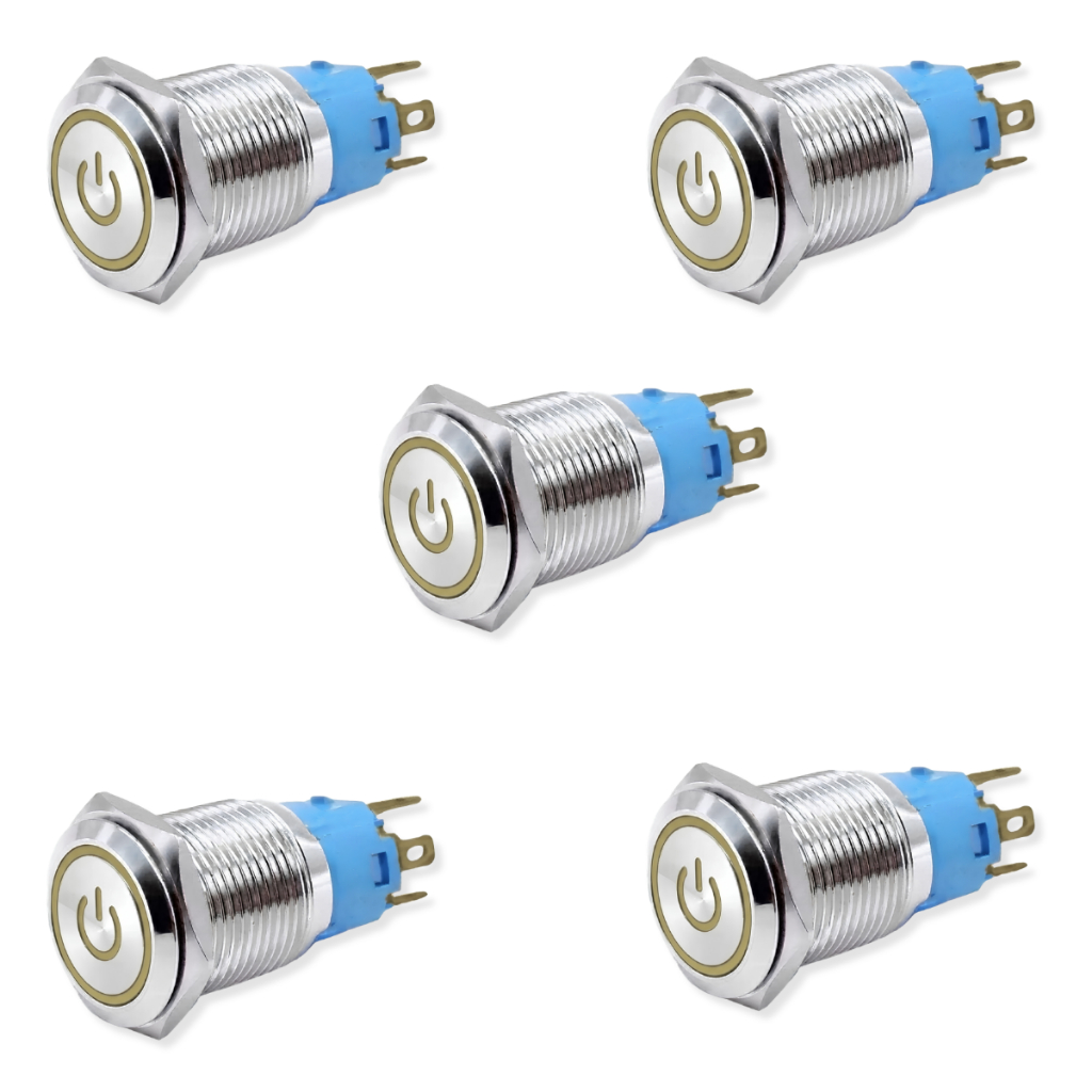 Kit 05 Chave Liga Desliga Inox LED Amarelo Para Fonte Usina Módulo Som Automotivo Painel Caixa Bob