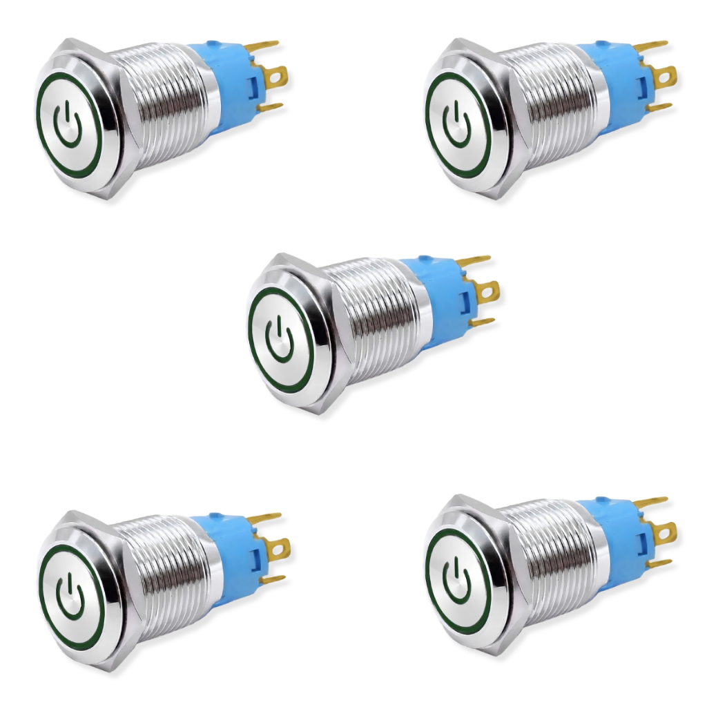 Kit 05 Chave Geral LED Verde Inox Para Som Automotivo Caixa Bob Módulo Fonte Usina Painel 12V 24V