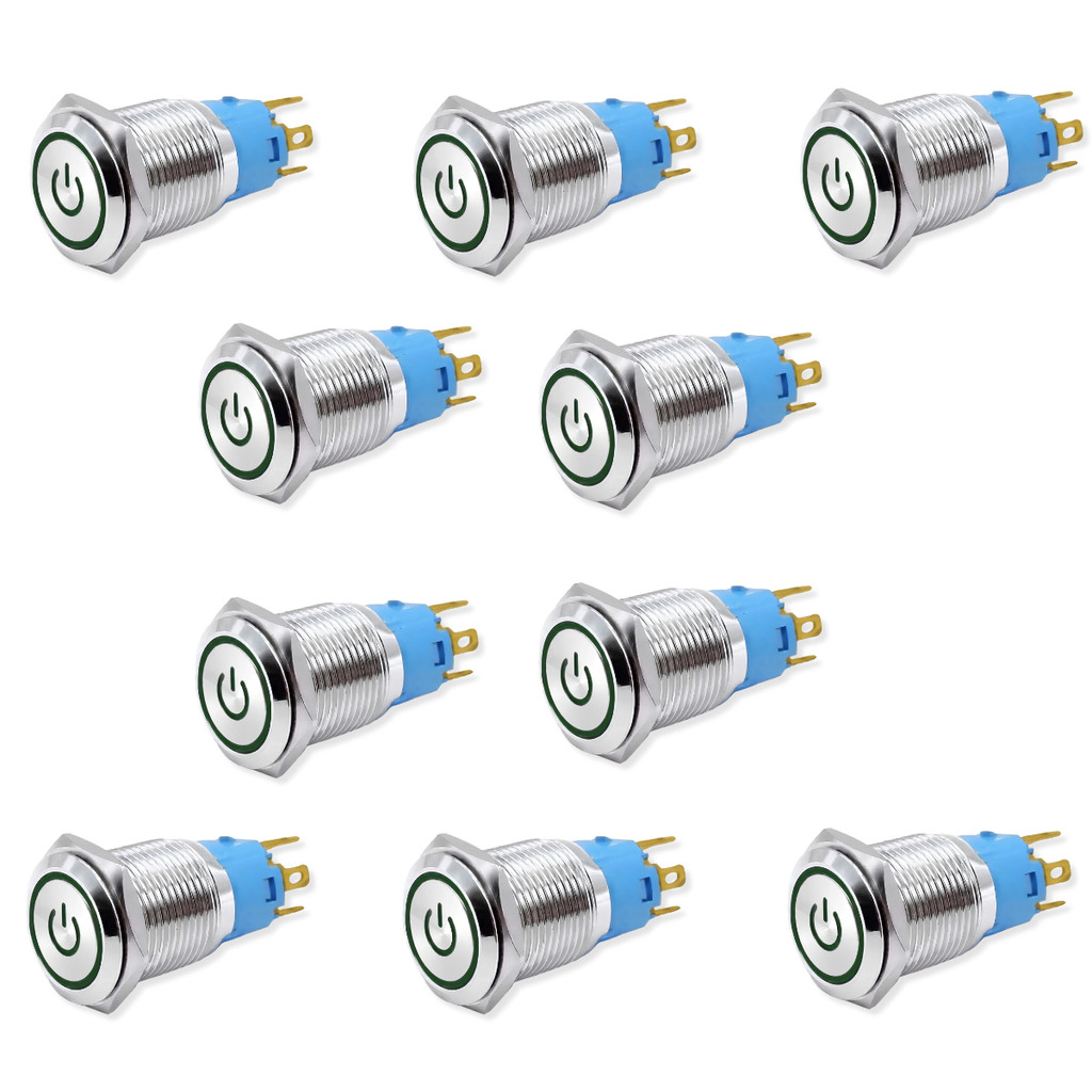 Kit 10 Botão Liga Desliga Inox LED Verde Para Instaladores De Som Automotivo E Auto Elétrica